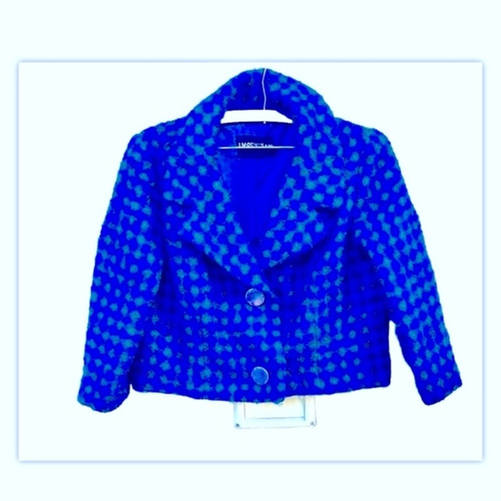 Vintage I Magnin Blue Houndstooth Boucle Cropped Jacket M